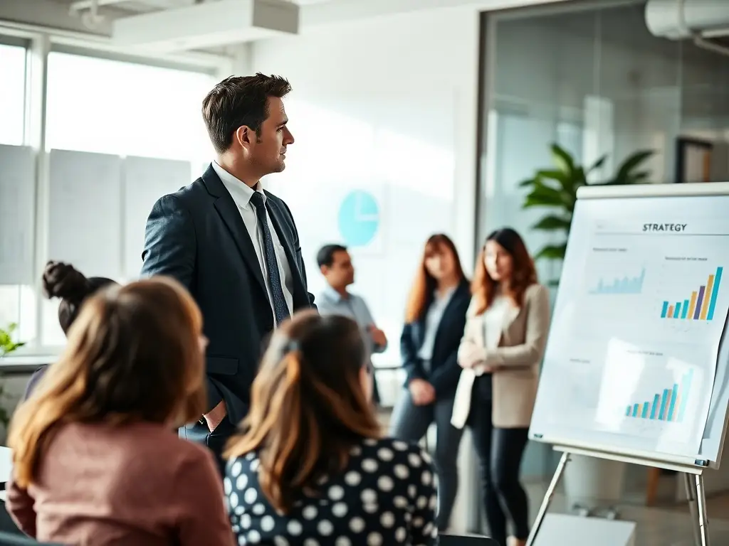 An image of a coach facilitating a strategic planning session with a team in a modern office, emphasizing collaboration and forward-thinking.