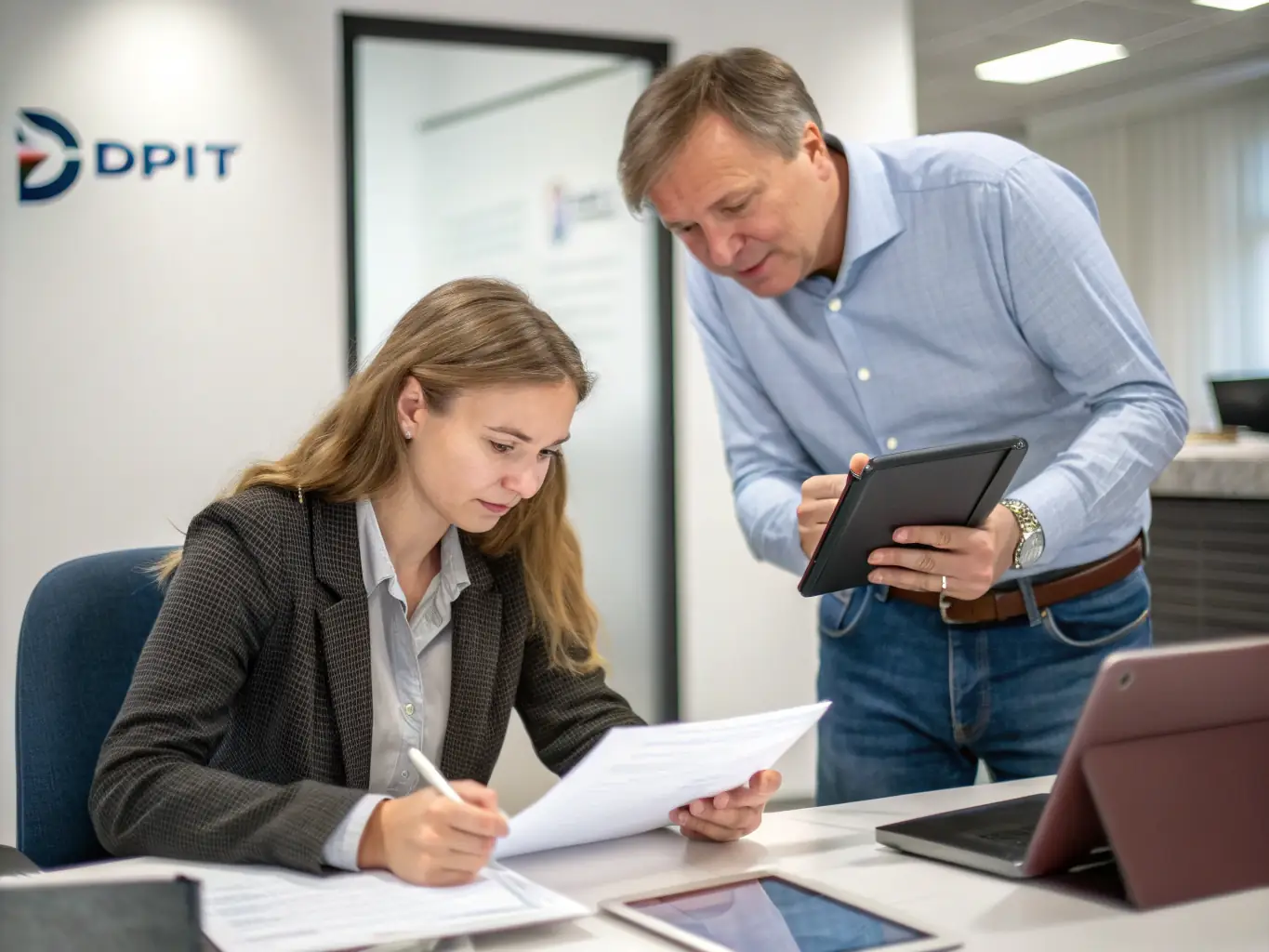 A coach working with a startup founder, reviewing business plans and financial projections, highlighting key growth opportunities and strategies.