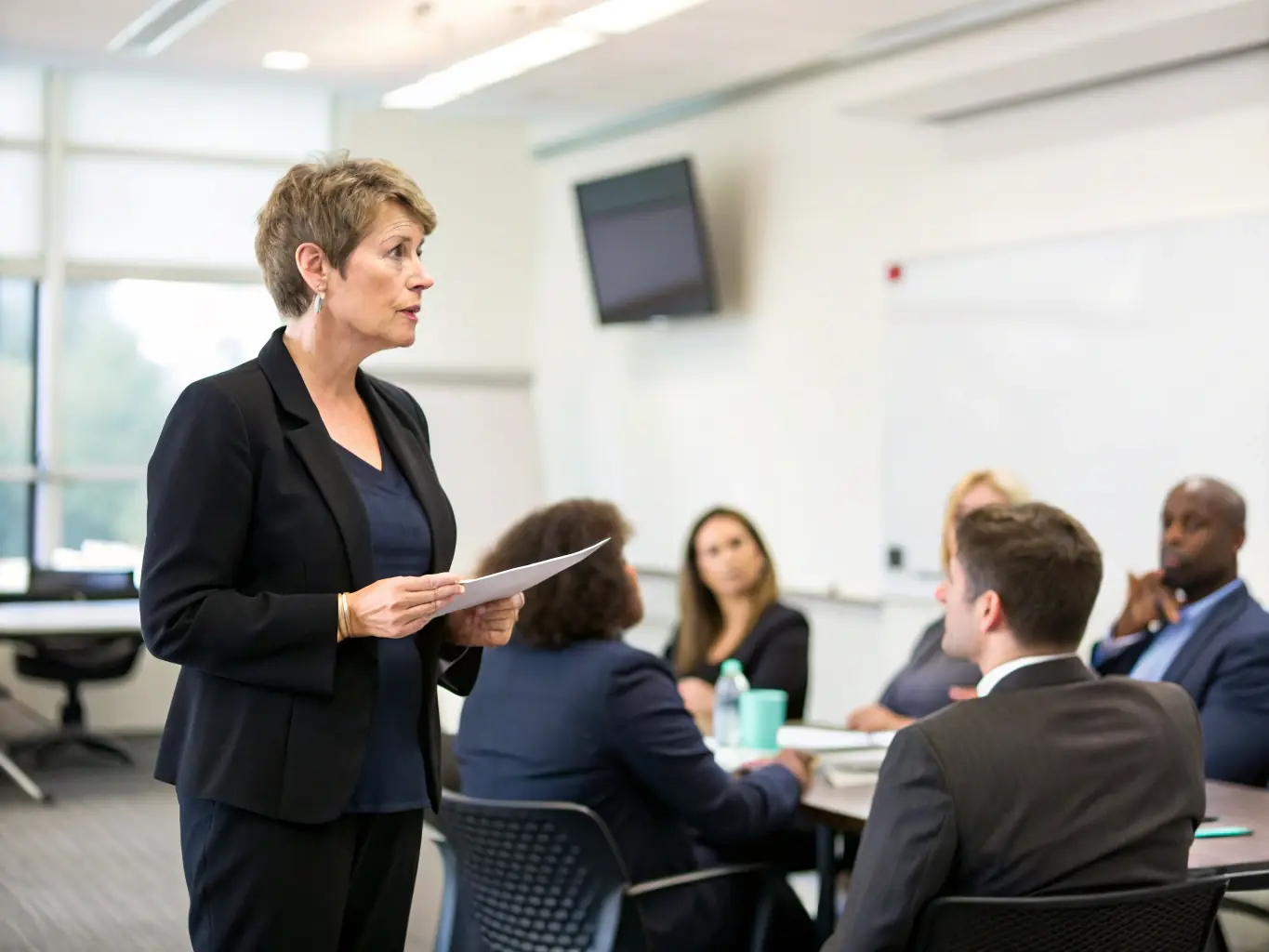 A business coach in a modern office setting, guiding a team through a strategic planning session, emphasizing collaboration and innovative problem-solving.