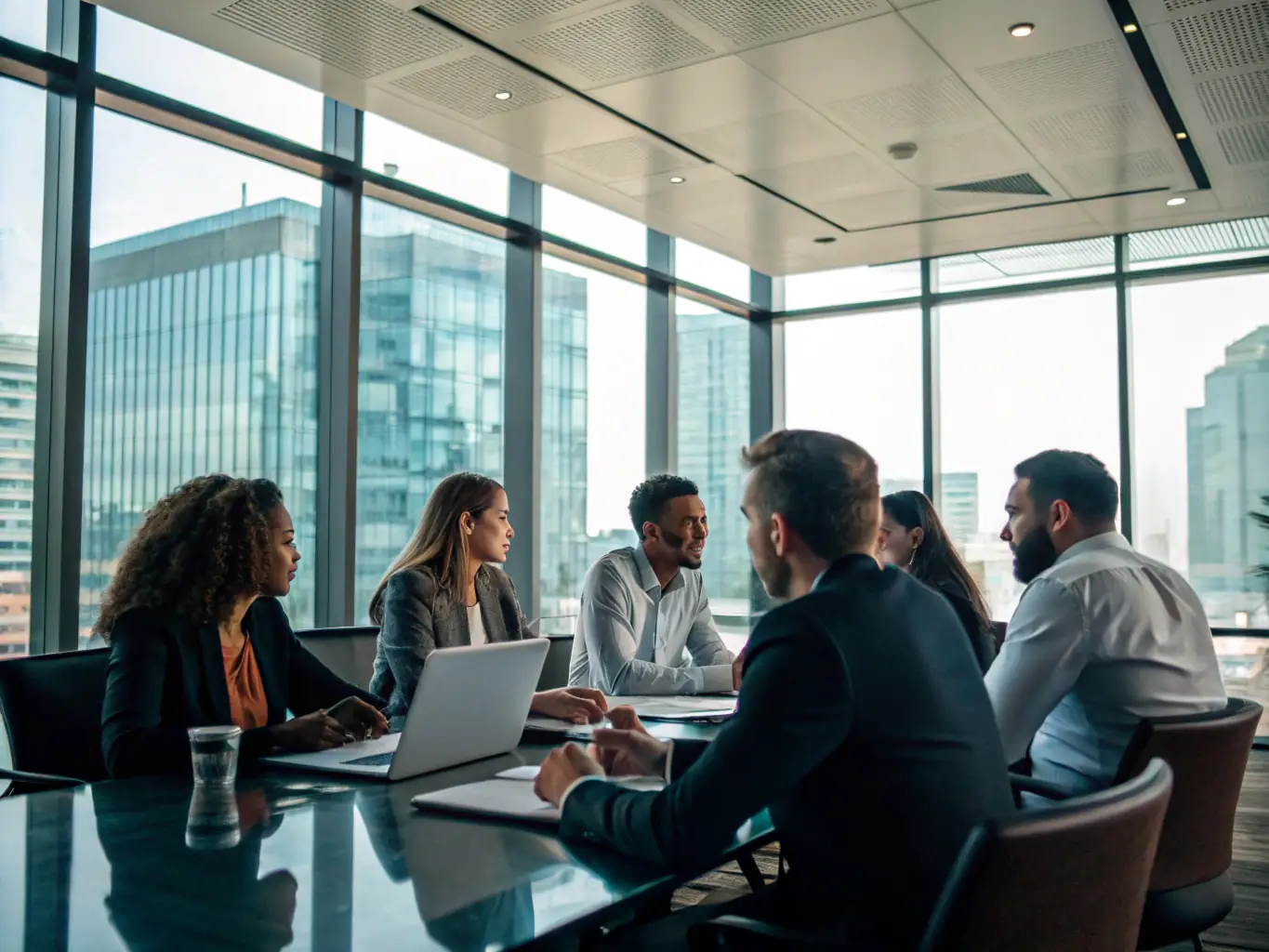 A photograph depicting a diverse team of business professionals brainstorming ideas in a modern, collaborative workspace, symbolizing strategic planning and teamwork.