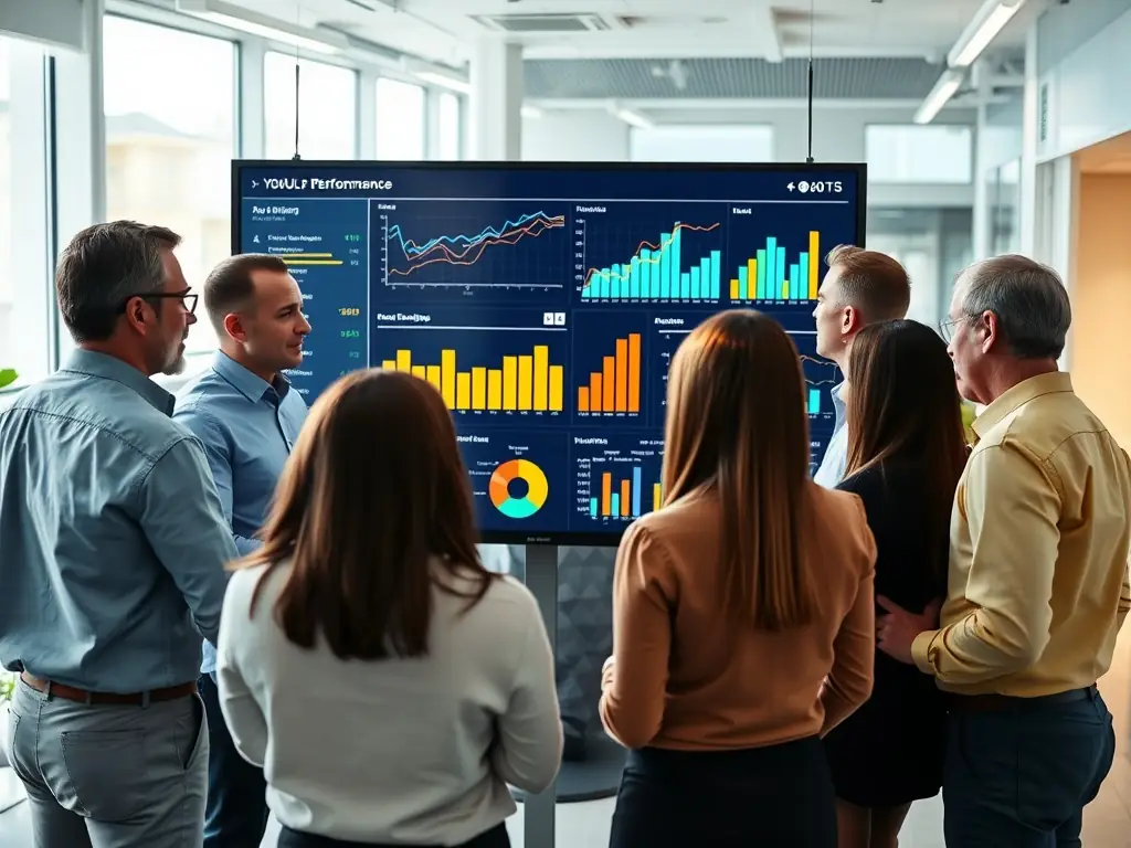 An image of a coach presenting data-driven insights and performance metrics to a business team, highlighting the importance of analytics in decision-making.